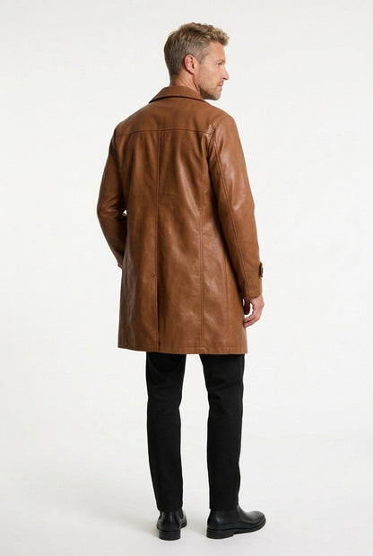 Chic Leather Trench Coat for Men with Notch Lapel Long Sleeve Double Breasted Longline Style
