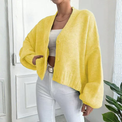 Chic Cropped Knit Cardigan for Women with V Neck Balloon Sleeve Button Front Relaxed Style