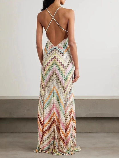 Effortless Maxi Dress for Women with Chevron Crochet Print Open Back Spaghetti Straps