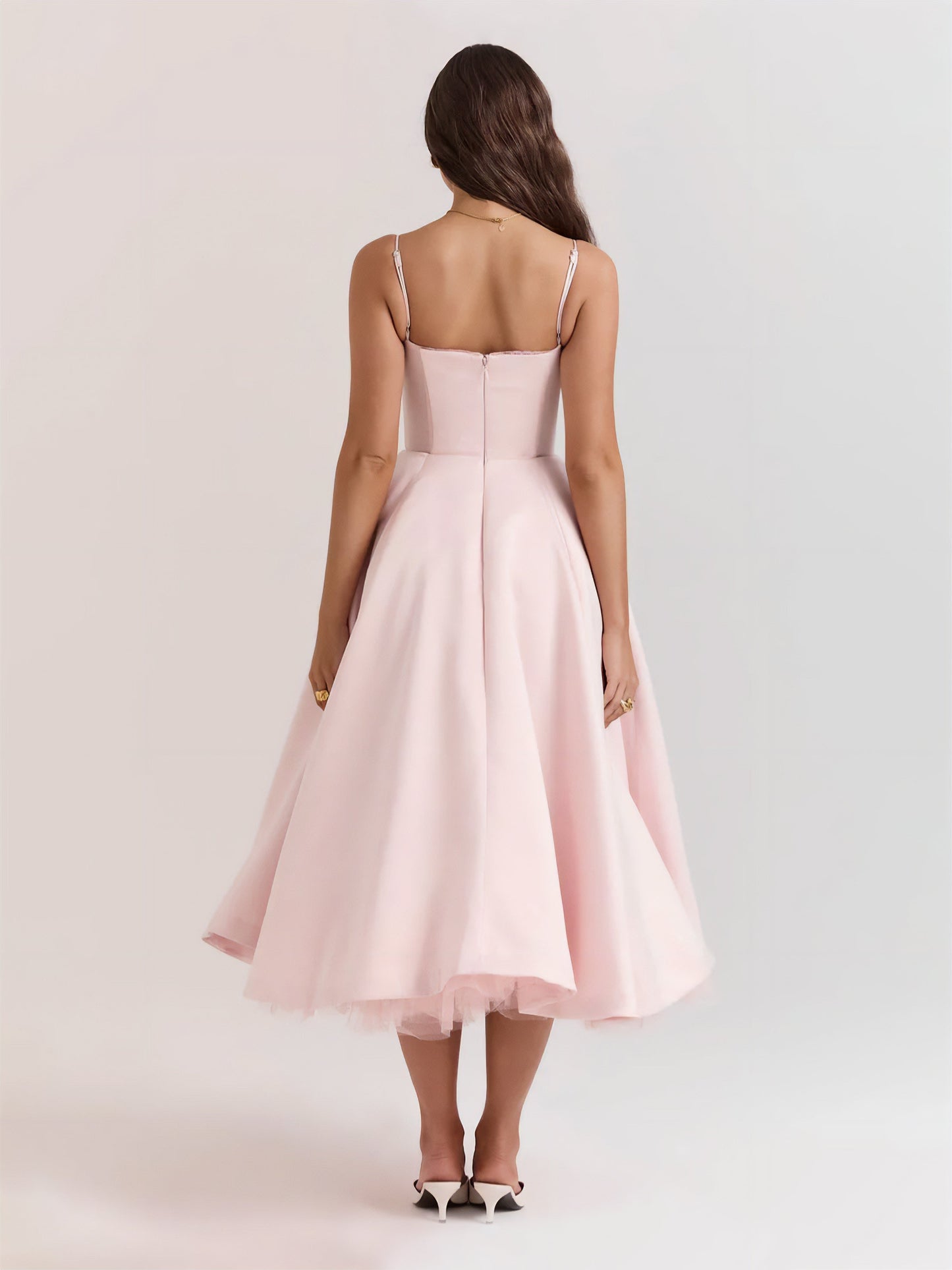 Elegant Bustier Midi Dress for Women with Sweetheart Neckline Spaghetti Strap Tulle Hem Flowing Style