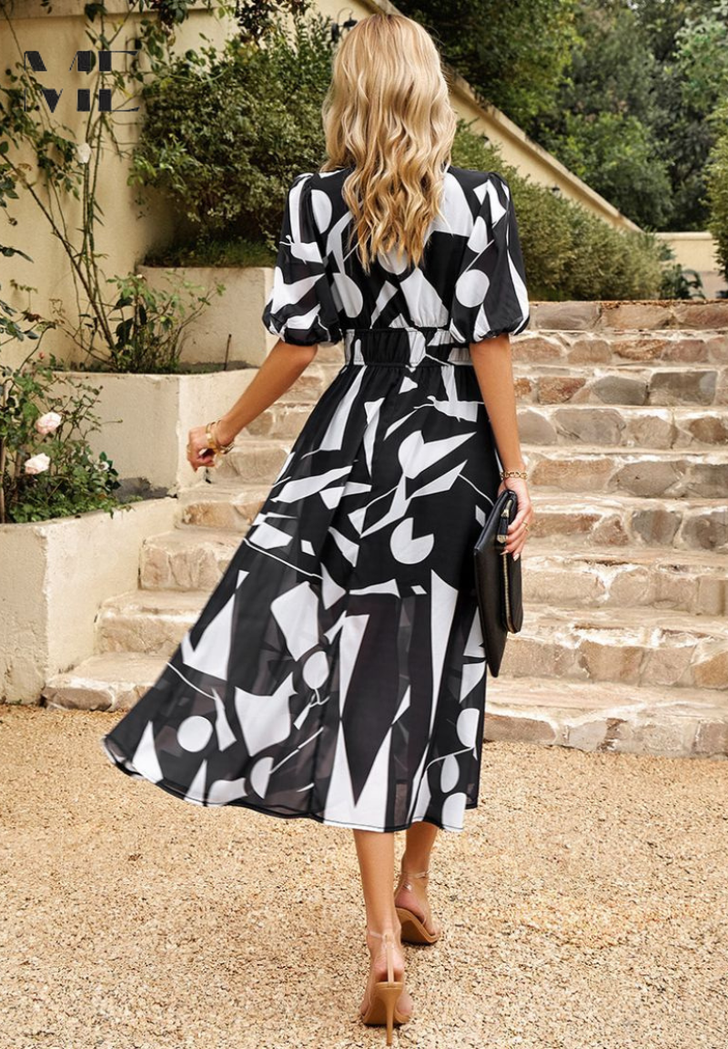 Elegant Floral Print Midi Dress for Women with V-Neck Puff Sleeve Elastic Waist A Line Casual Style
