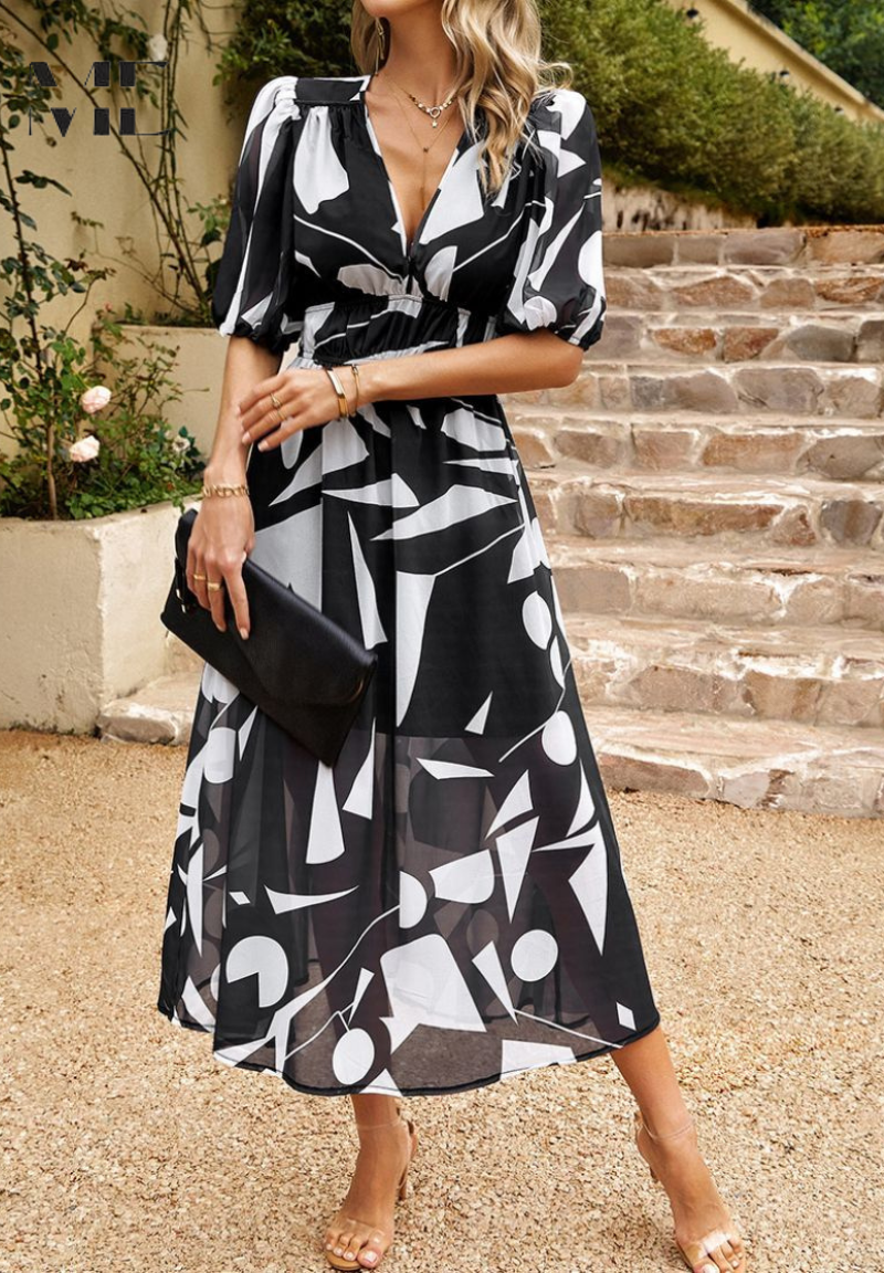Elegant Floral Print Midi Dress for Women with V-Neck Puff Sleeve Elastic Waist A Line Casual Style