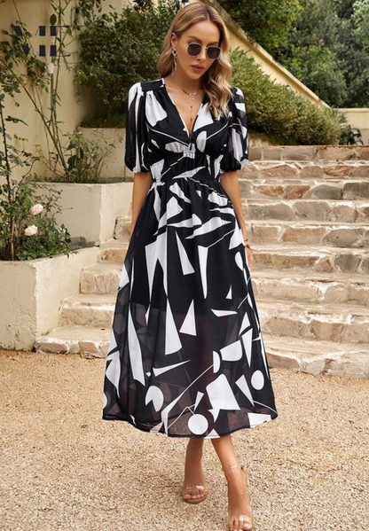 Elegant Floral Print Midi Dress for Women with V-Neck Puff Sleeve Elastic Waist A Line Casual Style