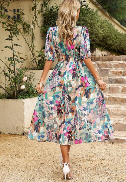 Elegant Floral Print Midi Dress for Women with V-Neck Puff Sleeve Elastic Waist A Line Casual Style