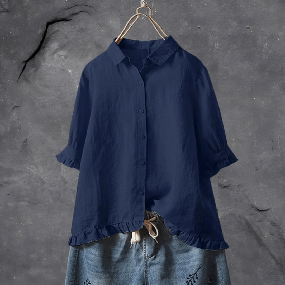 Effortless Linen Shirt for Women with Collar Half Sleeve Ruffle Hem Relaxed Style