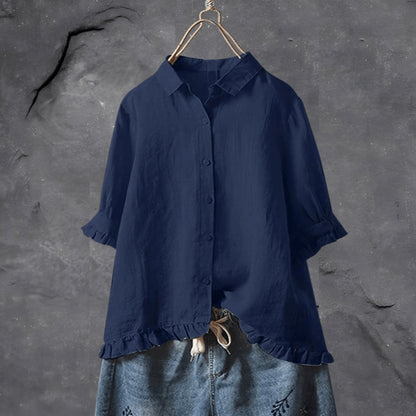 Effortless Linen Shirt for Women with Collar Half Sleeve Ruffle Hem Relaxed Style