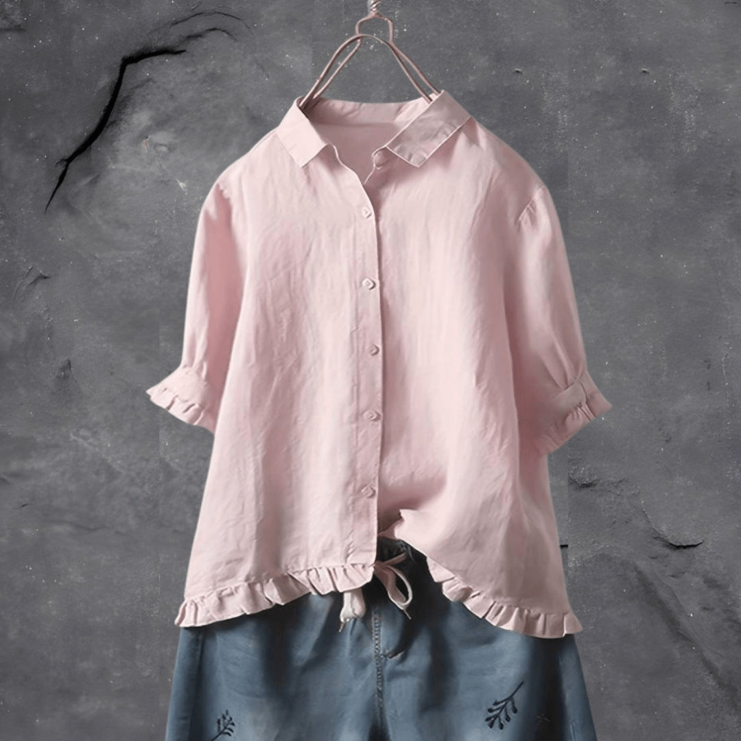 Effortless Linen Shirt for Women with Collar Half Sleeve Ruffle Hem Relaxed Style