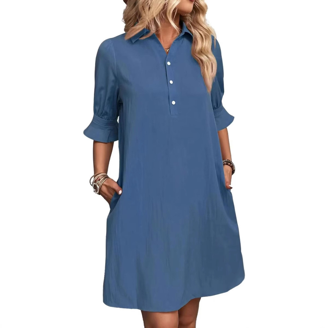 Effortless Cotton Midi Dress for Women with Collar V Neck Half Sleeve Button Front Relaxed Style