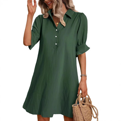 Effortless Cotton Midi Dress for Women with Collar V Neck Half Sleeve Button Front Relaxed Style