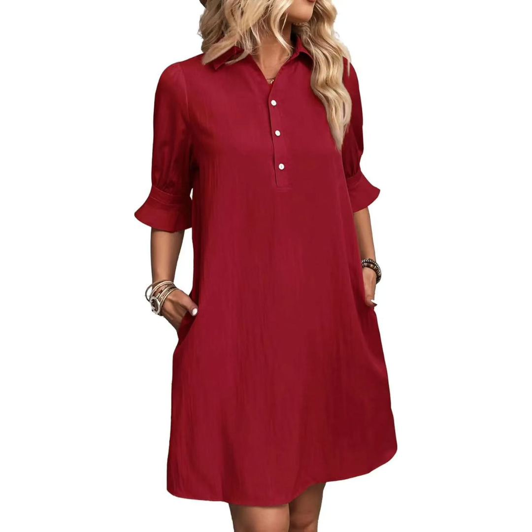 Effortless Cotton Midi Dress for Women with Collar V Neck Half Sleeve Button Front Relaxed Style