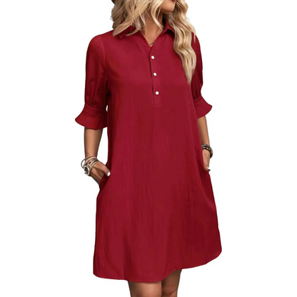 Effortless Cotton Midi Dress for Women with Collar V Neck Half Sleeve Button Front Relaxed Style