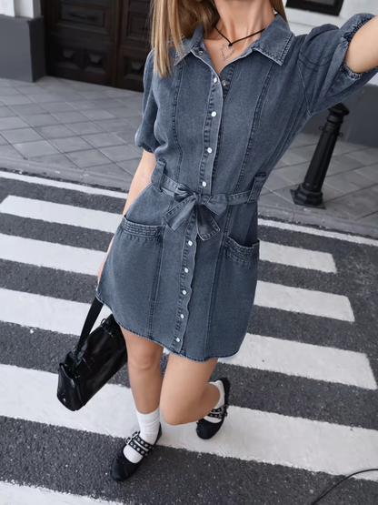 Elegant Blue Denim Dress for Women with Collar Puff Sleeve Belted Mini Shirt Style