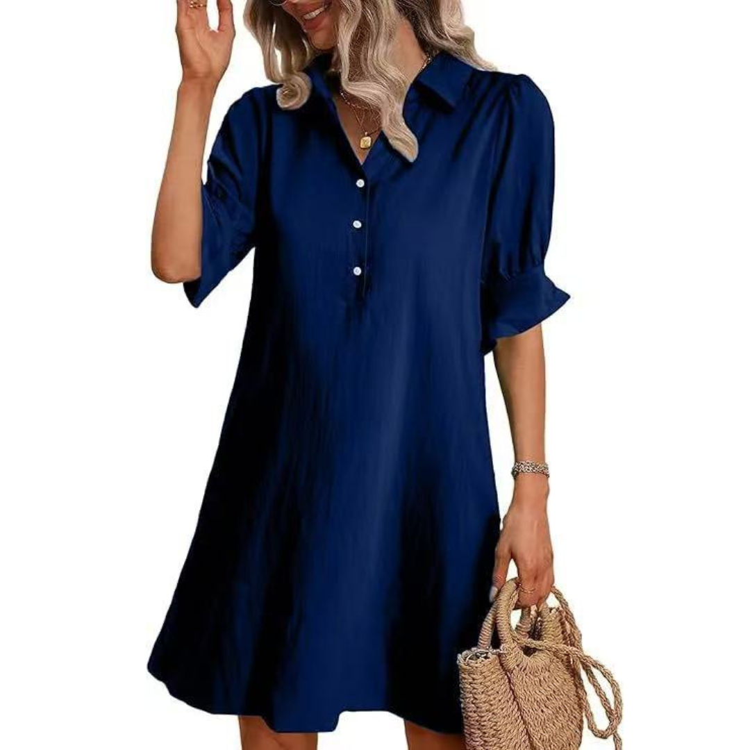 Effortless Cotton Midi Dress for Women with Collar V Neck Half Sleeve Button Front Relaxed Style