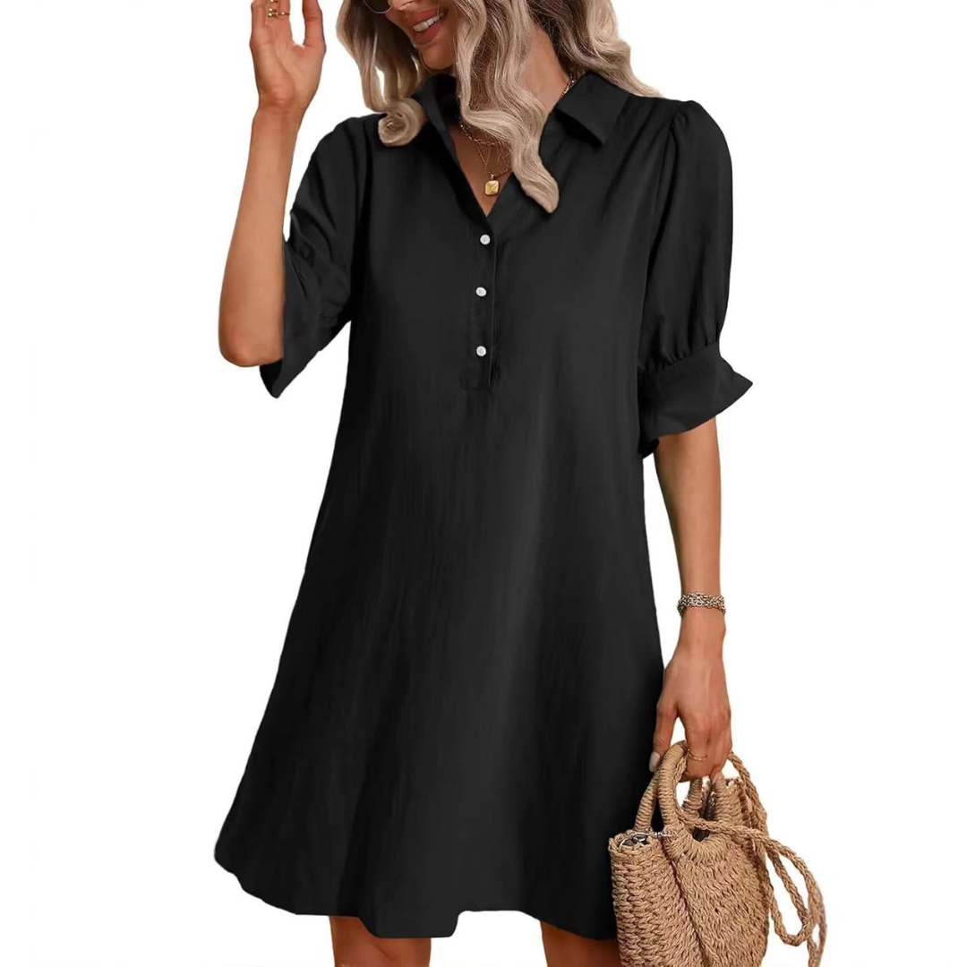 Effortless Cotton Midi Dress for Women with Collar V Neck Half Sleeve Button Front Relaxed Style