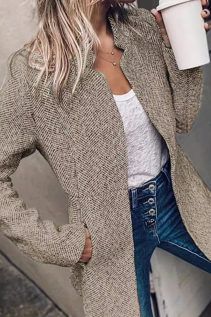 Elegant Blazer for Women with Notched Lapel Long Sleeve Herringbone Open Front Longline Style