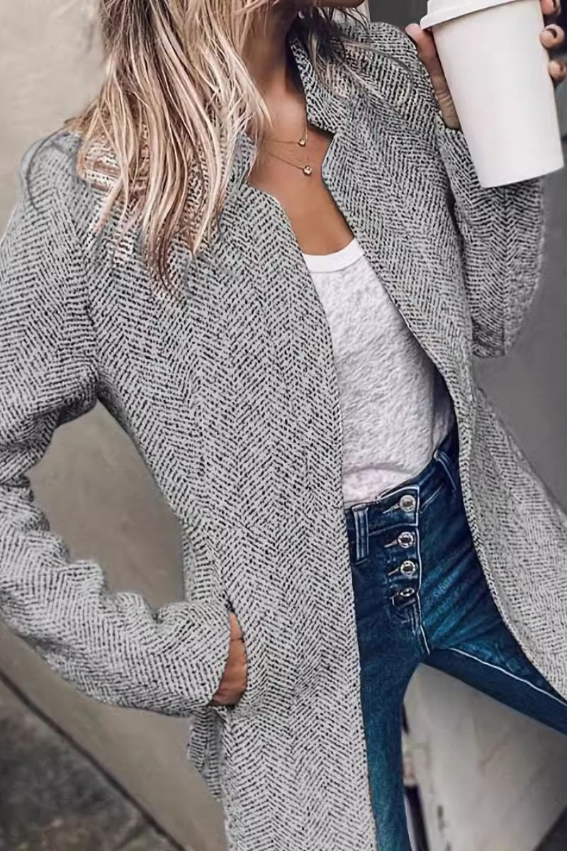 Elegant Blazer for Women with Notched Lapel Long Sleeve Herringbone Open Front Longline Style