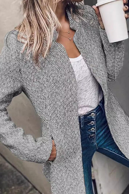 Elegant Blazer for Women with Notched Lapel Long Sleeve Herringbone Open Front Longline Style