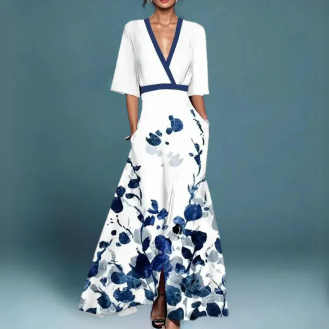 Elegant Floral Maxi Dress for Women with V Neck Flutter Sleeve Embroidered Side Slit Formal Style