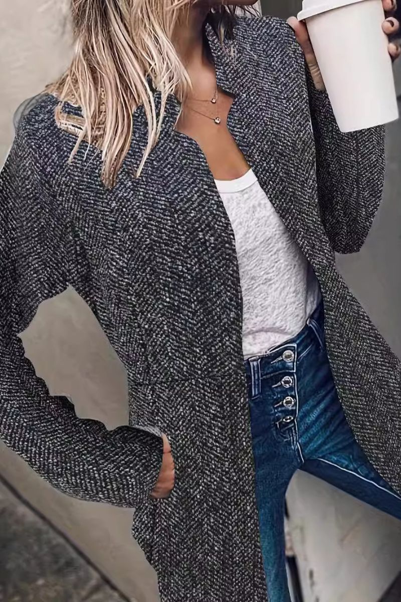 Elegant Blazer for Women with Notched Lapel Long Sleeve Herringbone Open Front Longline Style