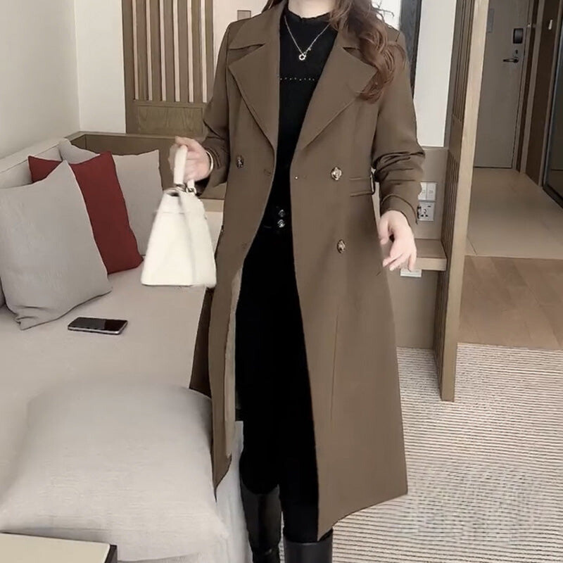 Elegant Wool Trench Coat for Women with Lapel Collar Long Sleeve Double Breasted Longline Tailored Style