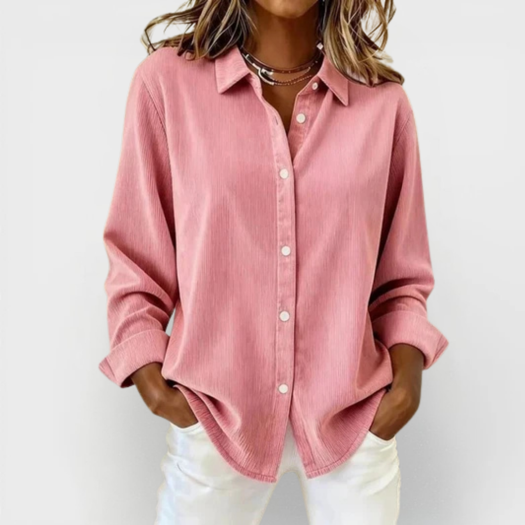 Elegant Pink Corduroy Blouse for Women with Collar Long Sleeve Button Front Relaxed Casual Style