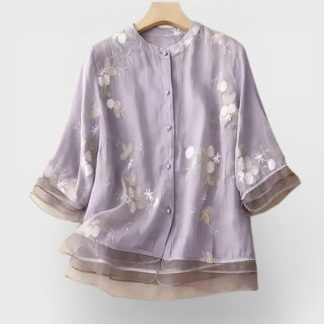Elegant Floral Embroidered Blouse for Women with Stand Collar Elbow Sleeve Layered Ruffle Hem Style