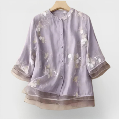 Elegant Floral Embroidered Blouse for Women with Stand Collar Elbow Sleeve Layered Ruffle Hem Style