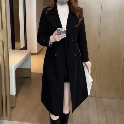 Elegant Wool Trench Coat for Women with Lapel Collar Long Sleeve Double Breasted Longline Tailored Style