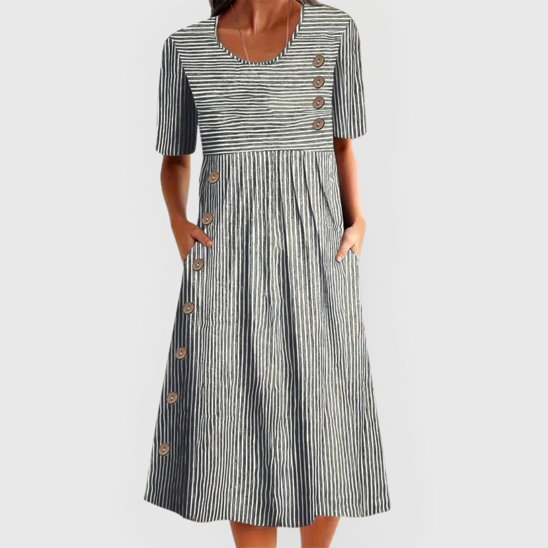 Comfortable Striped Midi Dress for Women with Short Sleeve Button Detail Side Pockets Casual Style