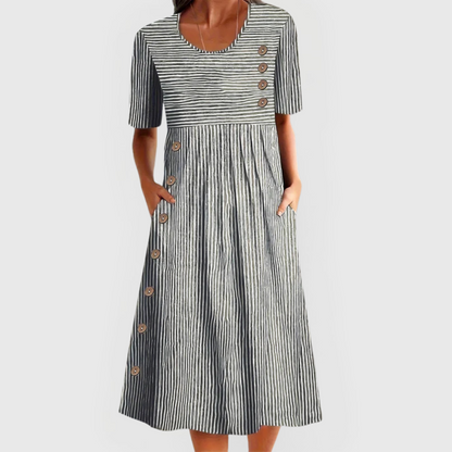 Comfortable Striped Midi Dress for Women with Short Sleeve Button Detail Side Pockets Casual Style