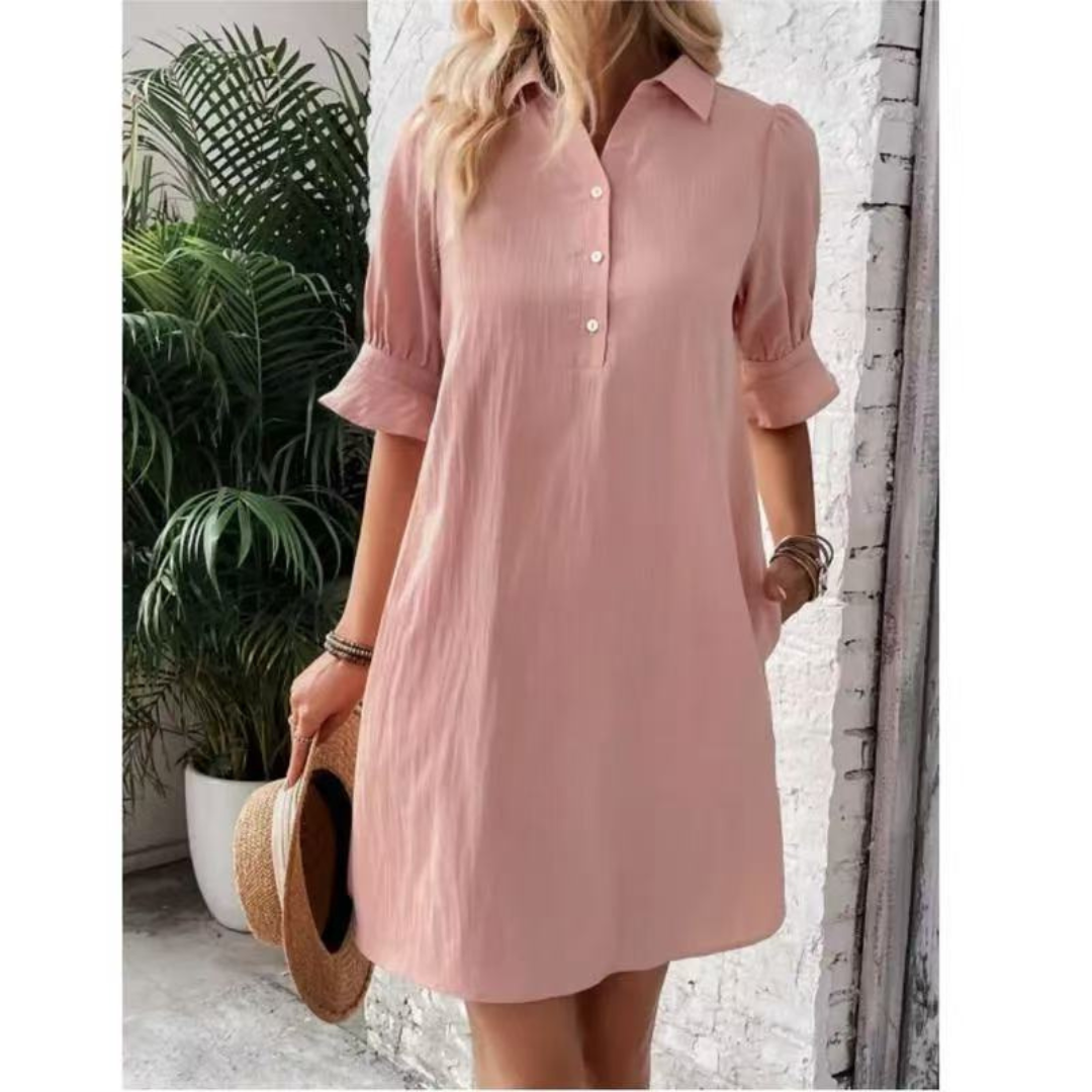 Effortless Cotton Midi Dress for Women with Collar V Neck Half Sleeve Button Front Relaxed Style