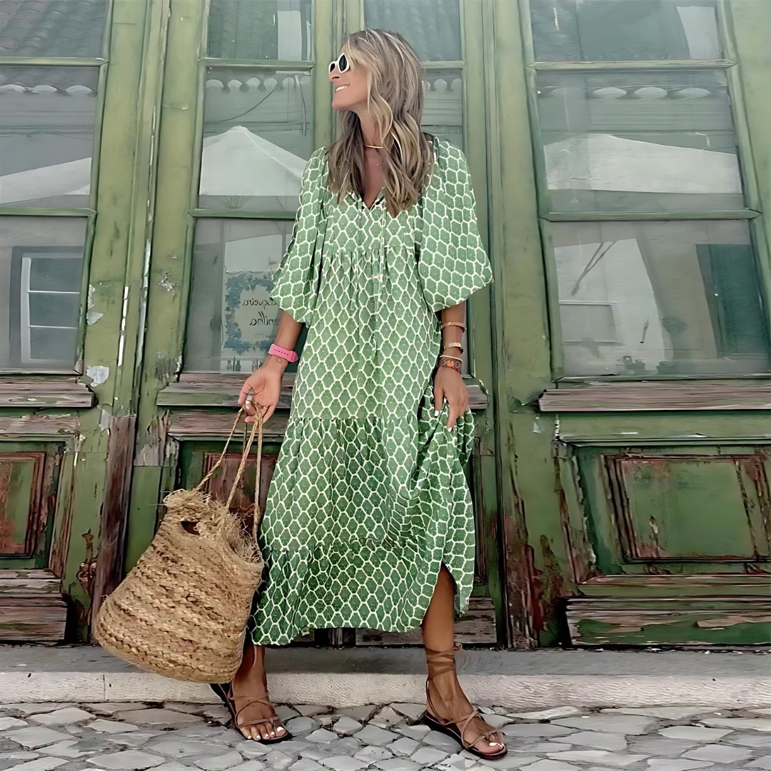 Effortless Printed Maxi Dress for Women with V Neck Elbow Sleeve Tiered Flowing Boho Style