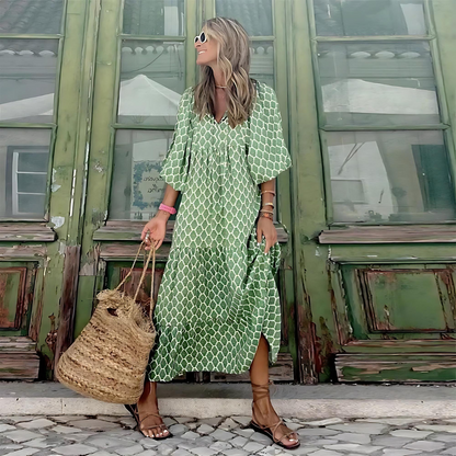 Effortless Printed Maxi Dress for Women with V Neck Elbow Sleeve Tiered Flowing Boho Style