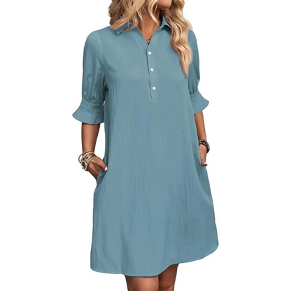 Effortless Cotton Midi Dress for Women with Collar V Neck Half Sleeve Button Front Relaxed Style