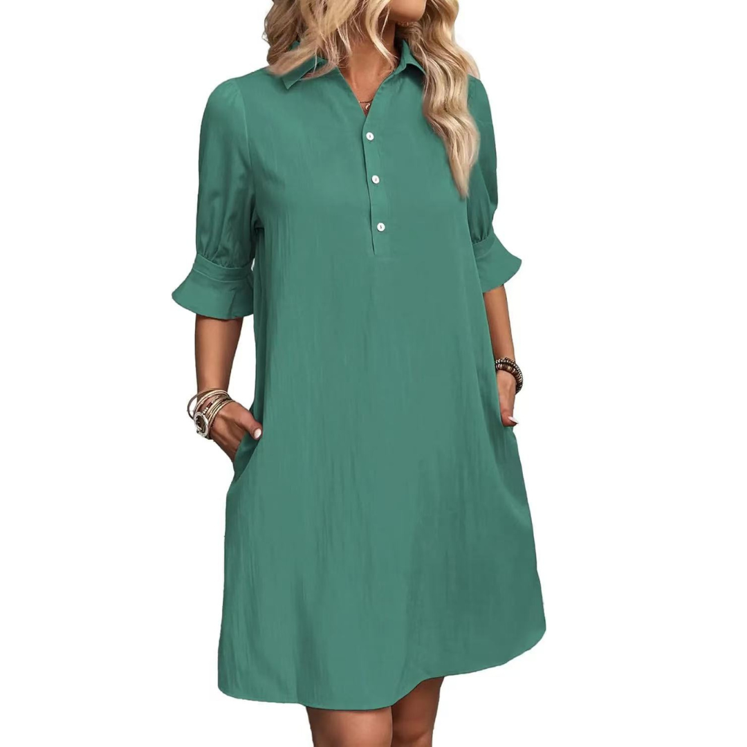 Effortless Cotton Midi Dress for Women with Collar V Neck Half Sleeve Button Front Relaxed Style
