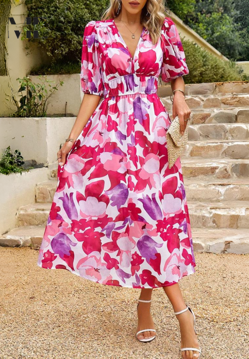 Elegant Floral Print Midi Dress for Women with V-Neck Puff Sleeve Elastic Waist A Line Casual Style