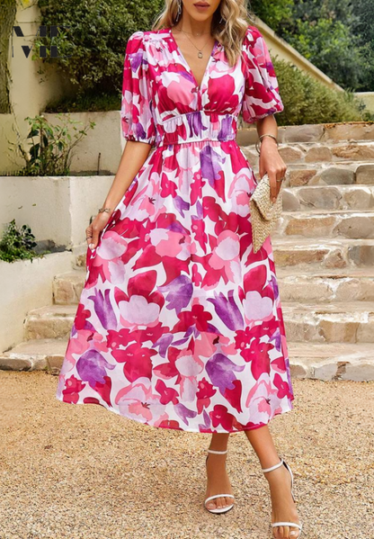 Elegant Floral Print Midi Dress for Women with V-Neck Puff Sleeve Elastic Waist A Line Casual Style