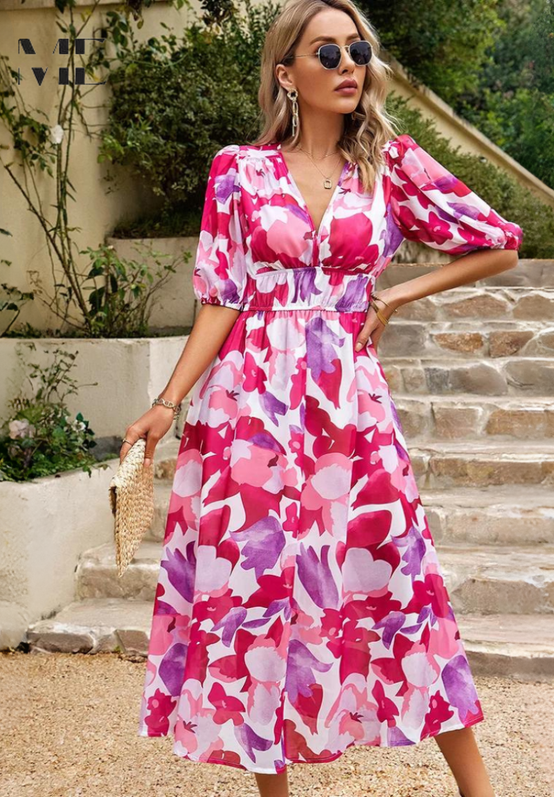 Elegant Floral Print Midi Dress for Women with V-Neck Puff Sleeve Elastic Waist A Line Casual Style