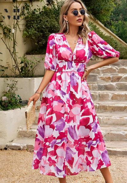 Elegant Floral Print Midi Dress for Women with V-Neck Puff Sleeve Elastic Waist A Line Casual Style