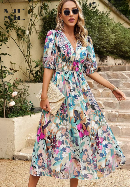 Elegant Floral Print Midi Dress for Women with V-Neck Puff Sleeve Elastic Waist A Line Casual Style