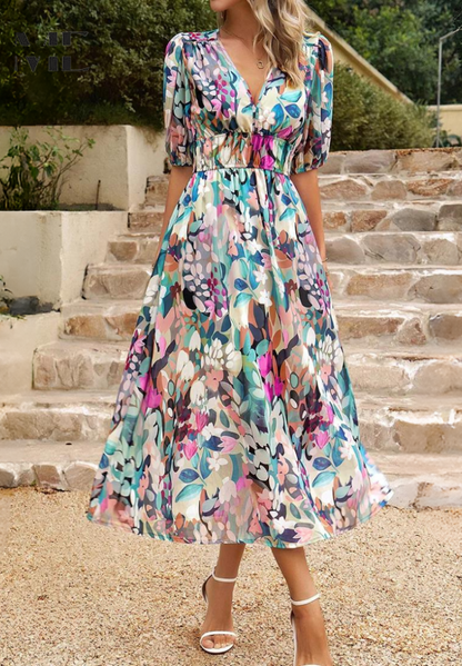 Elegant Floral Print Midi Dress for Women with V-Neck Puff Sleeve Elastic Waist A Line Casual Style