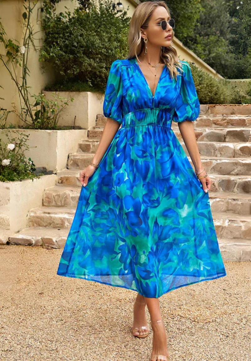 Elegant Floral Print Midi Dress for Women with V-Neck Puff Sleeve Elastic Waist A Line Casual Style