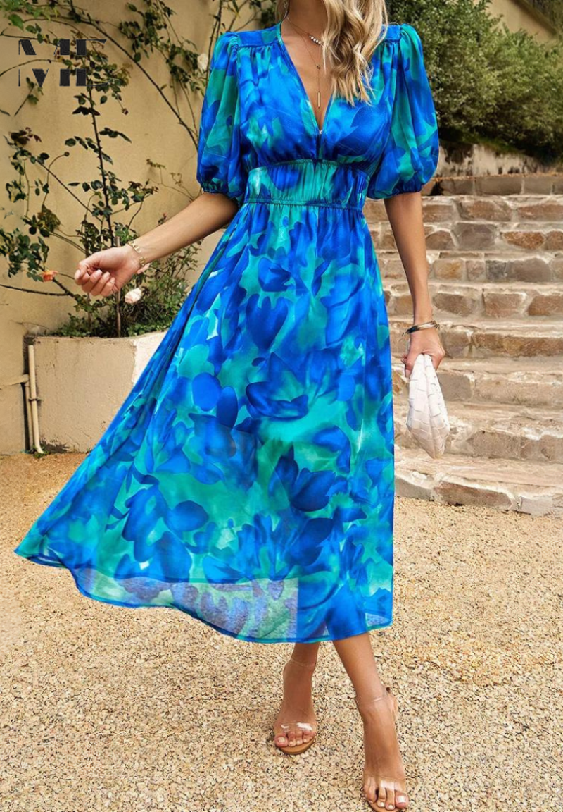 Elegant Floral Print Midi Dress for Women with V-Neck Puff Sleeve Elastic Waist A Line Casual Style