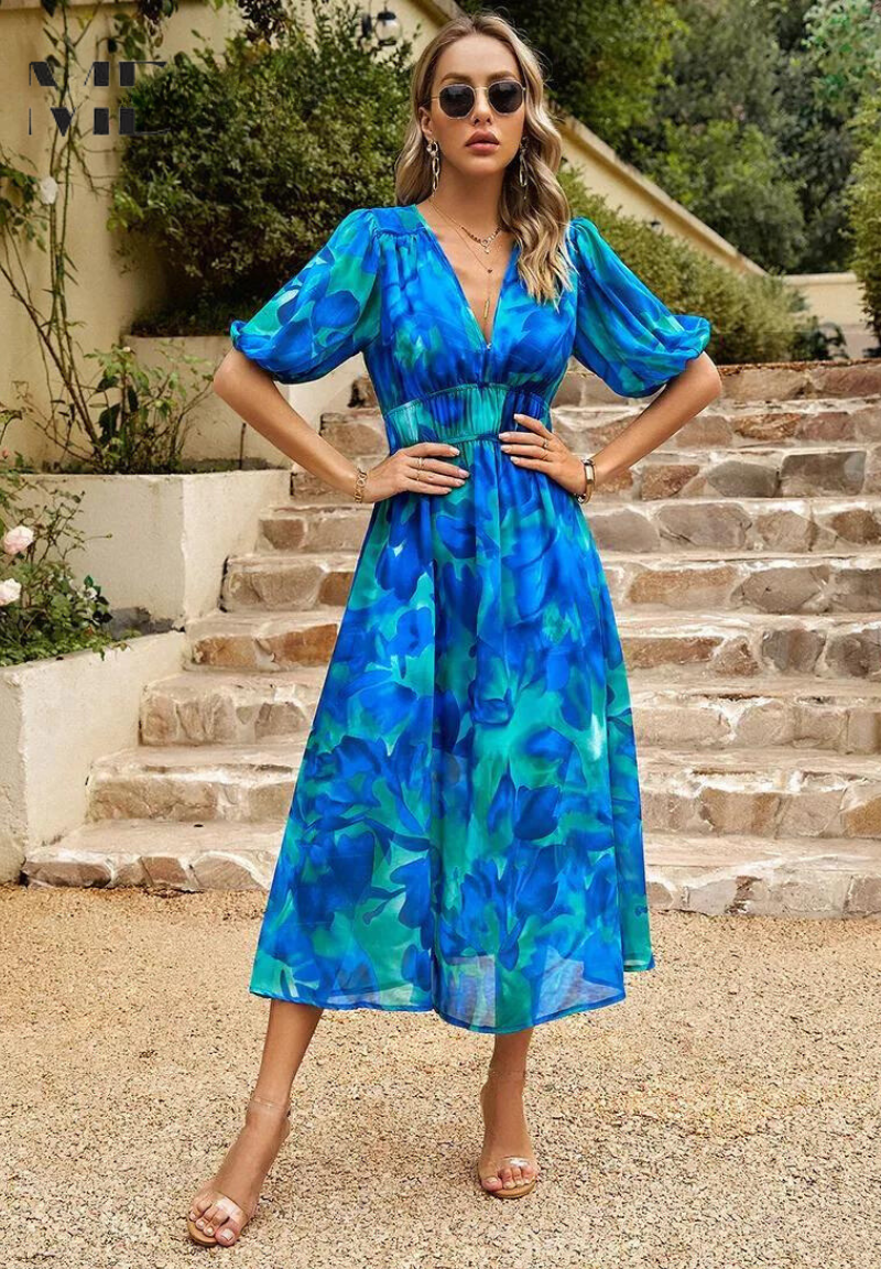 Elegant Floral Print Midi Dress for Women with V-Neck Puff Sleeve Elastic Waist A Line Casual Style