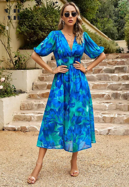 Elegant Floral Print Midi Dress for Women with V-Neck Puff Sleeve Elastic Waist A Line Casual Style