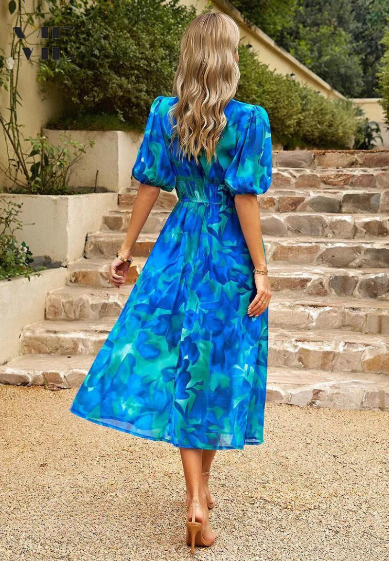 Elegant Floral Print Midi Dress for Women with V-Neck Puff Sleeve Elastic Waist A Line Casual Style
