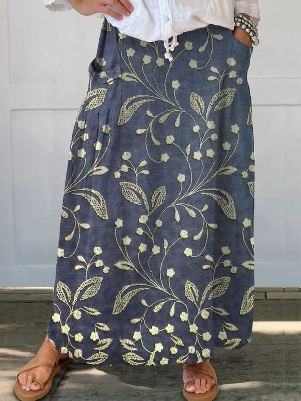 Elegant Blue Floral Maxi Skirt for Women with High Waist Drawstring Pleated Embroidered Flowing Style