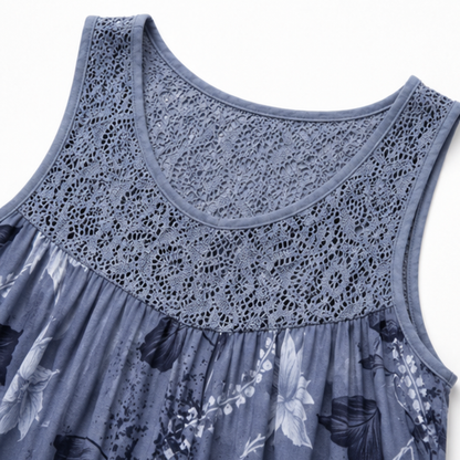 Effortless Floral Lace Mini Dress for Women with Scoop Neck Sleeveless Swing Flowy Style