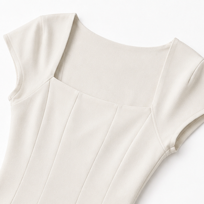 Elegant Satin Midi Dress for Women with Square Neck Cap Sleeve Fit and Flare Fall Wedding Guest Style