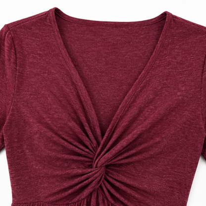 Elegant Twist Front Fit and Flare Dress for Women with V Neck Short Sleeve Plus Size Fall Style